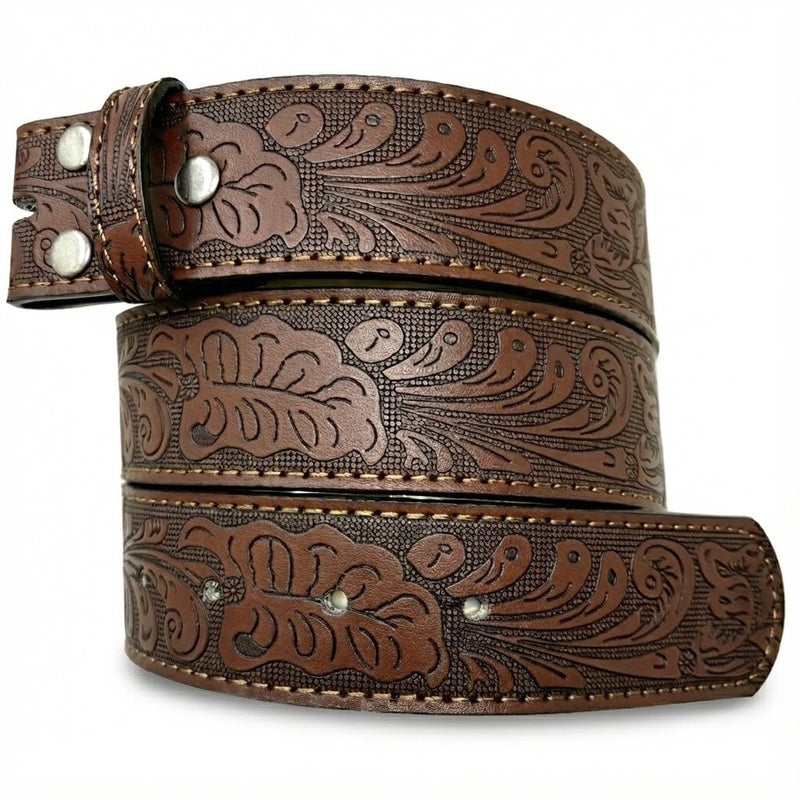 BC Belts حزام جلد غربي BC - حزام بعرض 1.5 بوصة مزخرف بنقوش بارزة للرجال والنساء رعاة البقر (بني-M) - Image 1